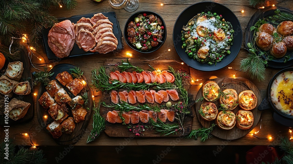 Naklejka premium Festive christmas dinner table array of gourmet dishes twinkling lights