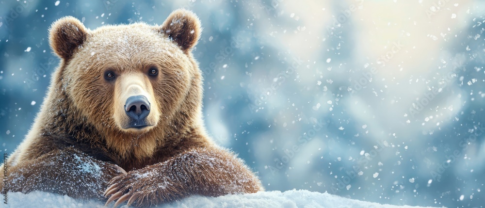 A large brown bear atop a snow-covered mound, amidst a expansive snowy landscape A large brown bear atop a snow-covered mound, amidst a expansive snowy landscape