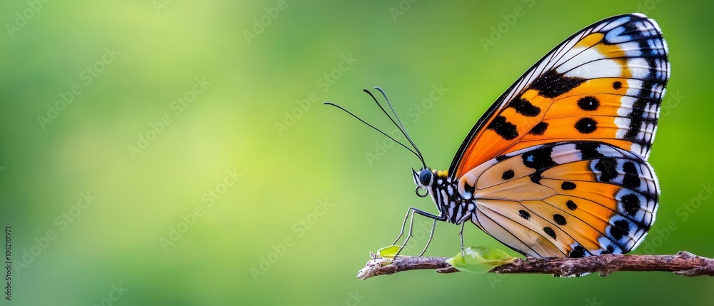 Obraz premium A close-up of a butterfly on a branch against a green backdrop, softly blurred behind it
