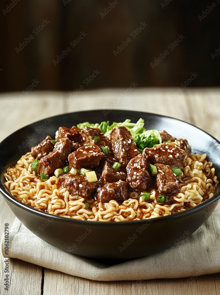A bowl of braised beef instant noodles, chunks of beef, green cabbage leaves, coriander, placed on a light wood grain tabletop,generative ai A bowl of braised beef instant noodles, chunks of beef, green cabbage leaves, coriander, placed on a light wood grain tabletop,generative ai