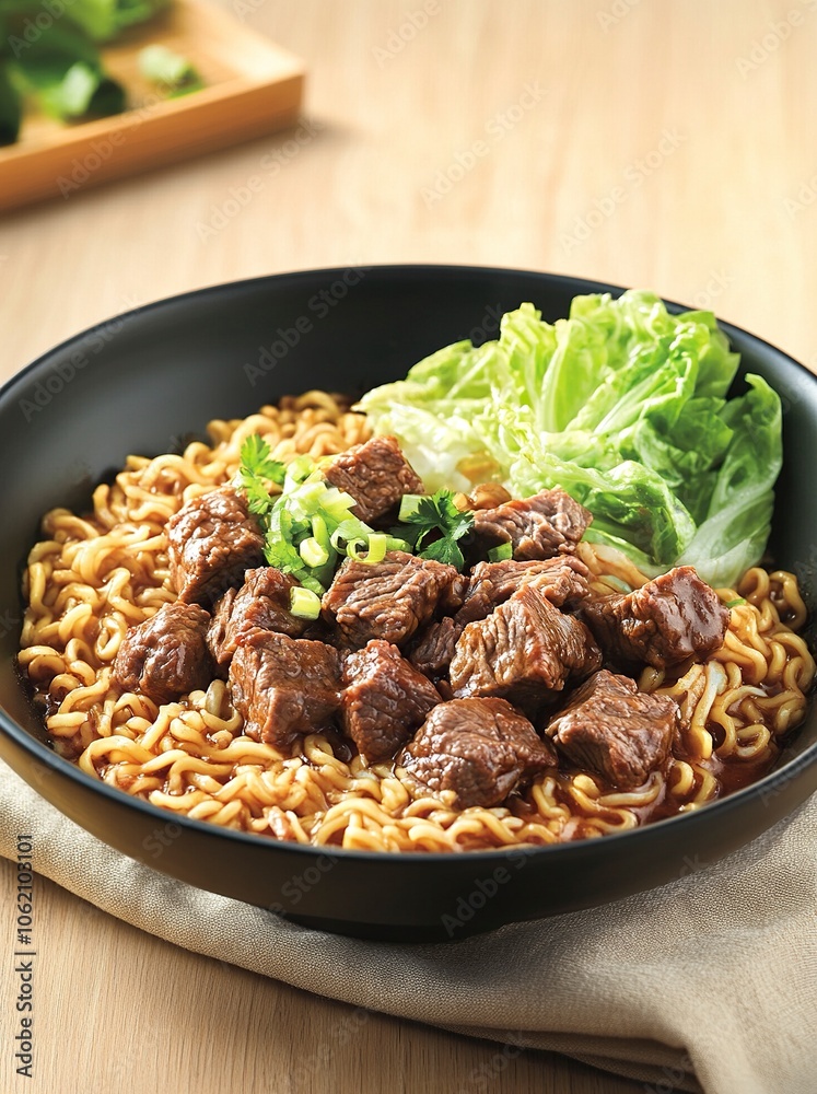 A bowl of braised beef instant noodles, chunks of beef, green cabbage leaves, coriander, placed on a light wood grain tabletop,generative ai A bowl of braised beef instant noodles, chunks of beef, green cabbage leaves, coriander, placed on a light wood grain tabletop,generative ai