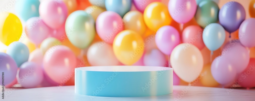 Podium with a balloon garland frame, softfocus background of children playing worldwide, space for text, cheerful vibe, Balloons Day frame,Global festivities Podium with a balloon garland frame, softfocus background of children playing worldwide, space for text, cheerful vibe, Balloons Day frame,Global festivities