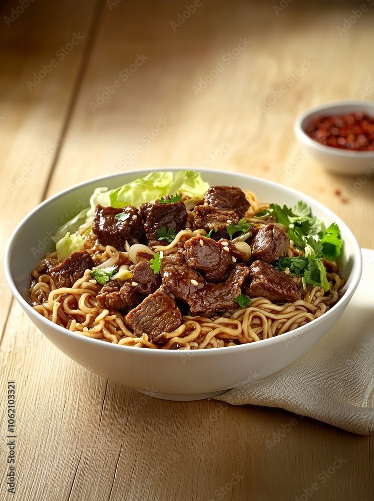 A bowl of braised beef instant noodles, chunks of beef, green cabbage leaves, coriander, placed on a light wood grain tabletop,generative ai A bowl of braised beef instant noodles, chunks of beef, green cabbage leaves, coriander, placed on a light wood grain tabletop,generative ai