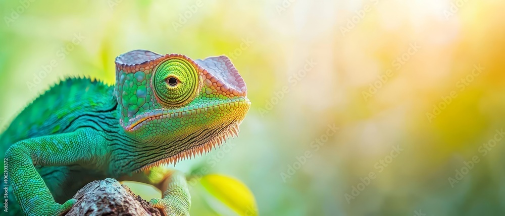 A tight shot of a green chameleon perched on a tree limb against a hazy backdrop of leaves A tight shot of a green chameleon perched on a tree limb against a hazy backdrop of leaves