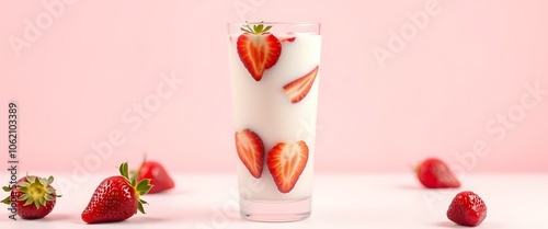 A fresh strawberry milk wallpaper in a tall glass with slices of strawberries floating, set against a pastel pink background.