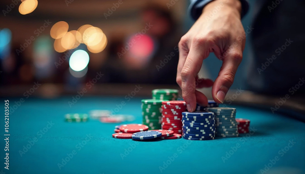 A close-up showcases a hand arranging vibrant poker chips, emphasizing precision in gambling.
A close-up showcases a hand arranging vibrant poker chips, emphasizing precision in gambling.