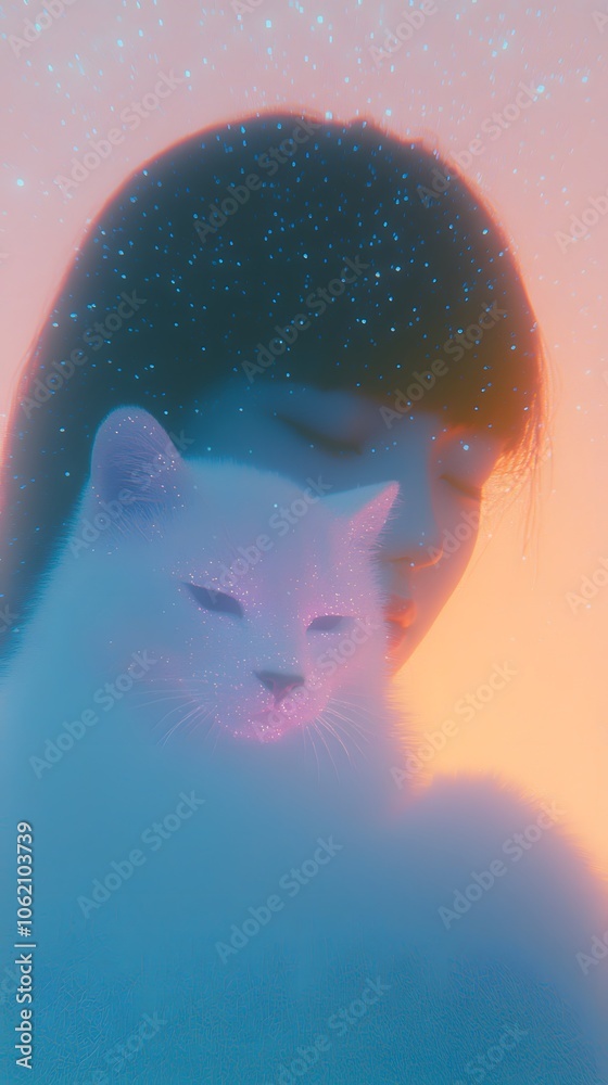 Fototapeta premium Dreamy Neon Portrait of Woman with Cat in Soft Atmospheric Glow, Ethereal Vaporwave Aesthetic Digital Art Wallpaper