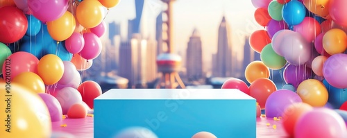 Colorful podium with a balloonthemed frame, blurred international landmarks background, empty space for text, celebratory atmosphere, Balloons Day podium,Global celebration photo