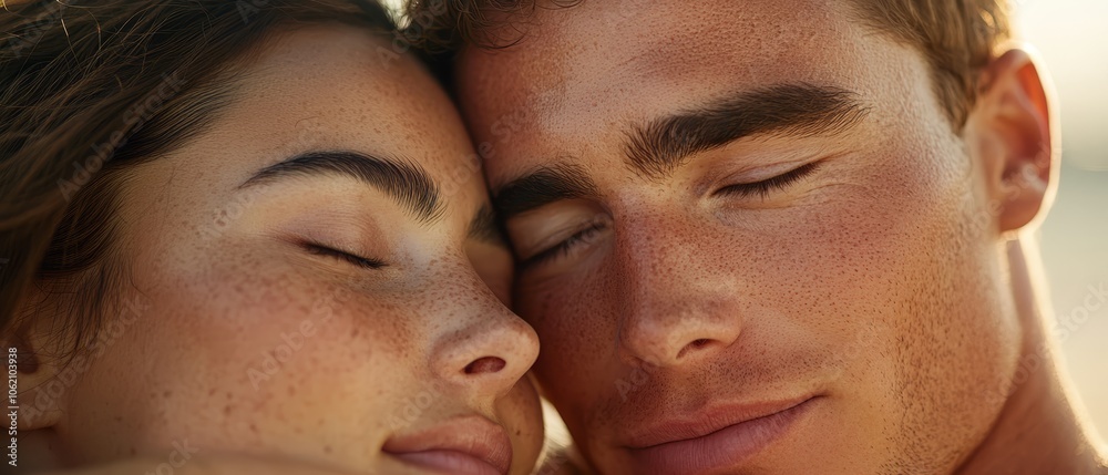 A tight shot of a man and a woman Both have freckled skin, particularly noticeable on their faces Their eyes are closed A tight shot of a man and a woman Both have freckled skin, particularly noticeable on their faces Their eyes are closed