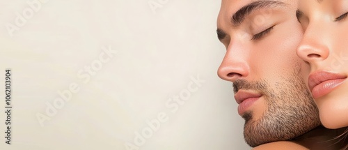  A tight shot of a man and a woman Their eyes are shut The woman leans her head on the man's shoulder