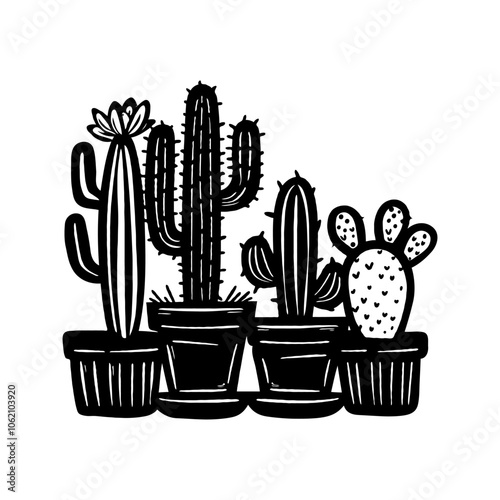 Illustration of cacti in decorative pots, in a minimalist style, on a white background, concept of plant decor