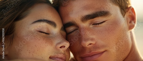  A tight shot of a man and a woman Both have freckled skin, particularly noticeable on their faces Their eyes are closed