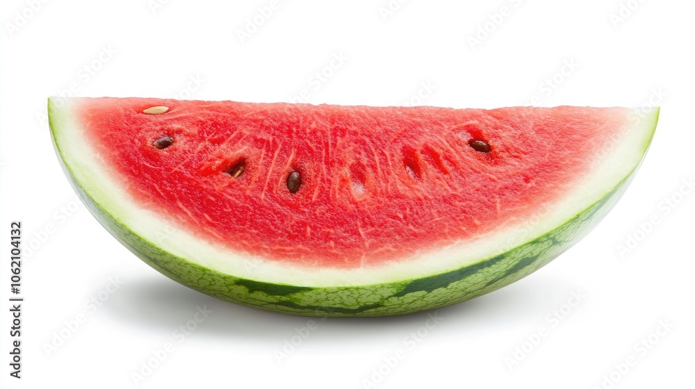A single watermelon wedge on a clean white background, showcasing its fresh, juicy red and green colors. A single watermelon wedge on a clean white background, showcasing its fresh, juicy red and green colors.