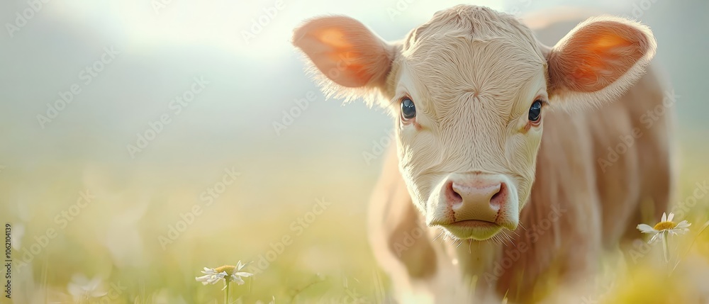 Close-up of a cow grazing in a lush grass field, a flower in the near foreground, against a backdrop of a clear blue sky Close-up of a cow grazing in a lush grass field, a flower in the near foreground, against a backdrop of a clear blue sky