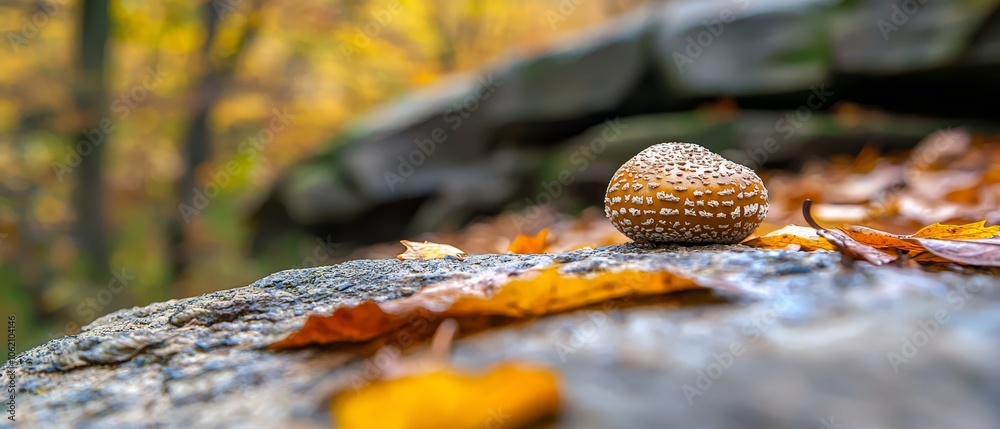 Obraz premium A tight shot of a mushroom atop a rock Surrounding foliage, including leaves, blankets the ground in the foreground In the backdrop, another rock stands