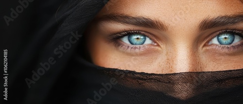 blue eyes peer out, covered by a black veil atop her head