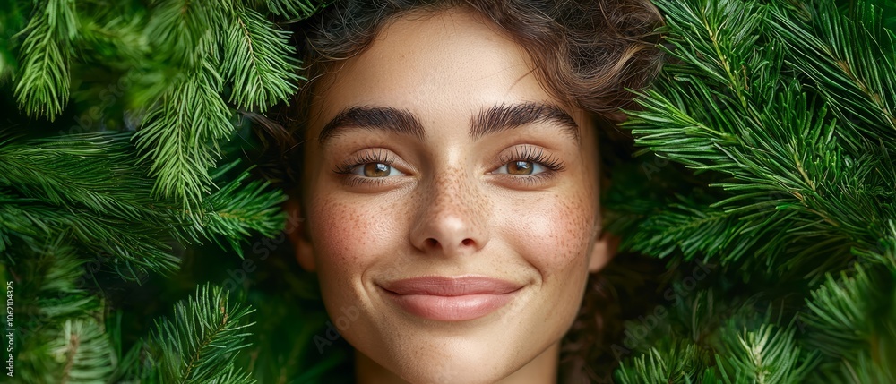 A close-up of a woman with freckles scattered across her face Behind her, a pine tree stands tall A close-up of a woman with freckles scattered across her face Behind her, a pine tree stands tall