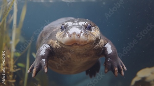 A close-up of a cute,  smiling  caecilian  with  small  eyes in  the  water. photo