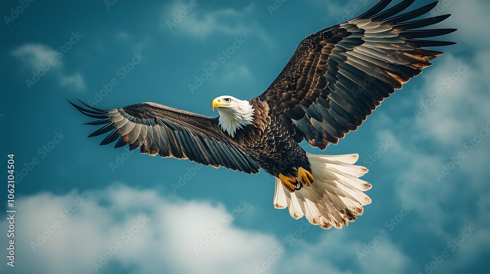 Fototapeta premium Majestic Bald Eagle in Flight Against Vibrant Blue Sky, Detailed Wingspan and Graceful Motion Capturing Freedom and Power in Nature