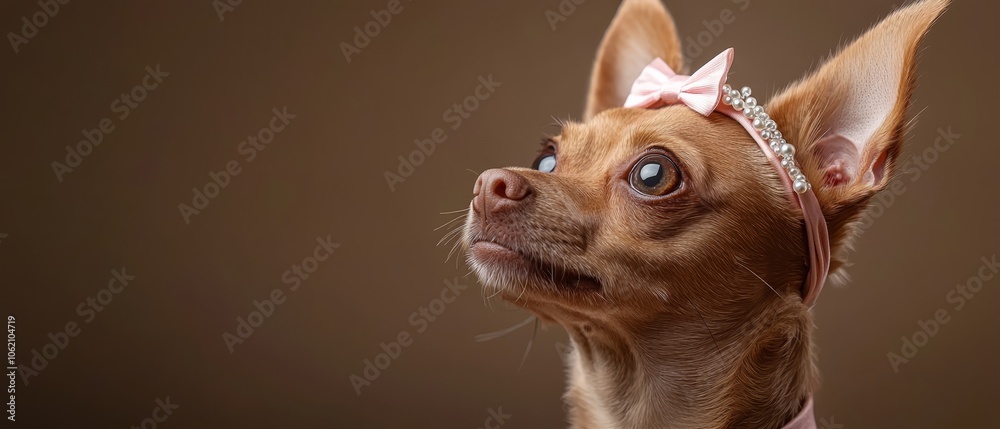 A small brown dog adorned with a pink bow on its head and a diamond collar encircling its neck A small brown dog adorned with a pink bow on its head and a diamond collar encircling its neck