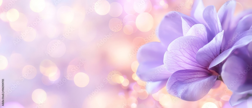A tight shot of a purplish bloom against a backdrop of softly blurred lights Background features a hazy glowing bokeh of illumination A tight shot of a purplish bloom against a backdrop of softly blurred lights Background features a hazy glowing bokeh of illumination