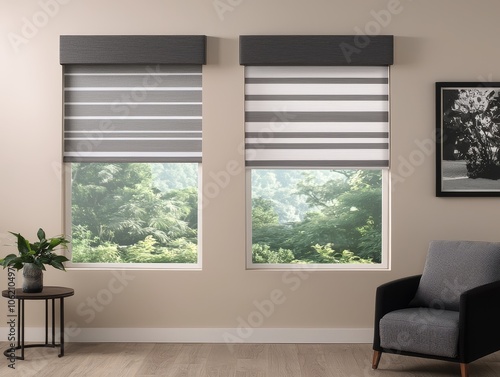 Contemporary Symmetrical Window Blinds in Minimalist Interior Setting with Modern Decor, Serene Mood