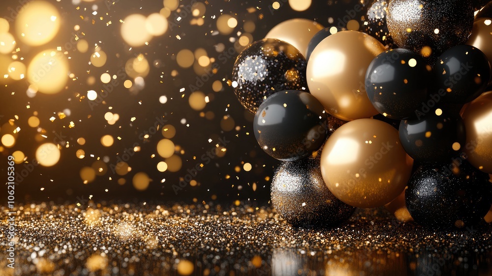 Fototapeta premium Elegant Black and Gold Party Decorations with Sparkles