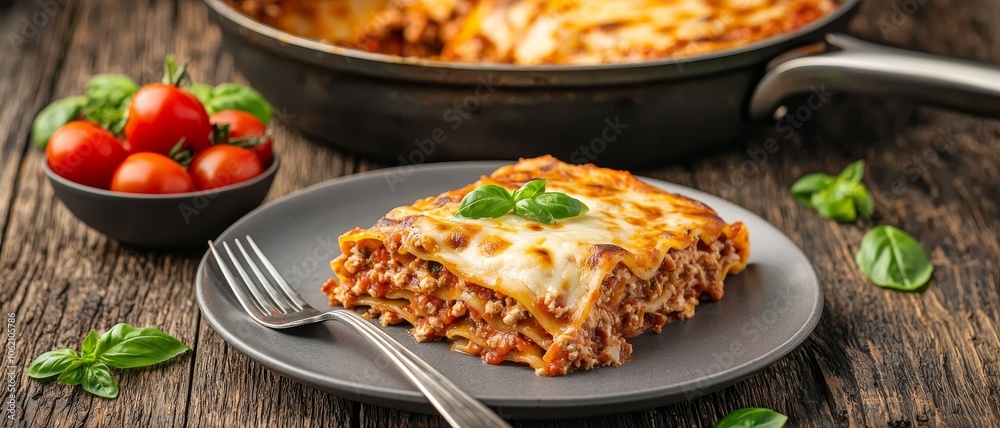 Delicious Gourmet Lasagna Close-Up on Gray Plate with Fork, Skillet Background for Food Blogs - Tempting Italian Cuisine Concept Delicious Gourmet Lasagna Close-Up on Gray Plate with Fork, Skillet Background for Food Blogs - Tempting Italian Cuisine Concept