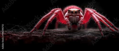  A tight shot of a red spider against a black backdrop, with its back legs clearly visible photo