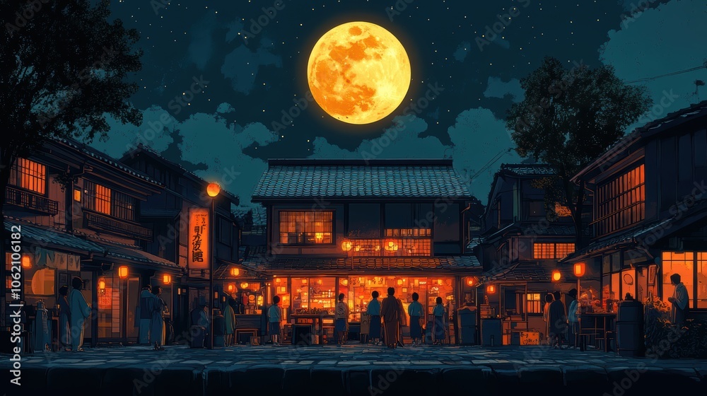 a Japanese Mid-Autumn Festival scene at night. The scene should include a golden full moon high in the sky. Focus on one element such as people, street scenes, festive atmosphere, or barbecuing. a Japanese Mid-Autumn Festival scene at night. The scene should include a golden full moon high in the sky. Focus on one element such as people, street scenes, festive atmosphere, or barbecuing.