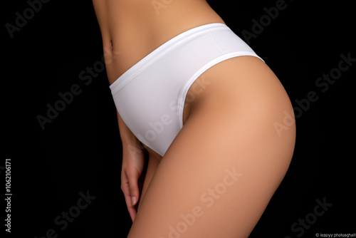 Promotional photo featuring a mockup of white women’s briefs panties on a clean, minimalist background. Ideal for showcasing lingerie design, fabric texture