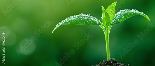  A tight shot of a tiny green plant, its leaves dotted with water droplets, sits before a hazy, verdant backdrop, sprinkled with specks of dirt photo