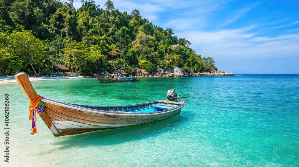 Serene Beach Scene with Traditional Boat in Clear Water Serene Beach Scene with Traditional Boat in Clear Water