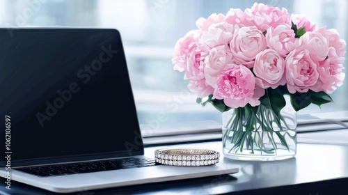 A Stylish Workspace Features a Laptop Elegant Jewelry and Fresh Pink Flowers to Inspire Creativity and Productivity in a Modern Environment