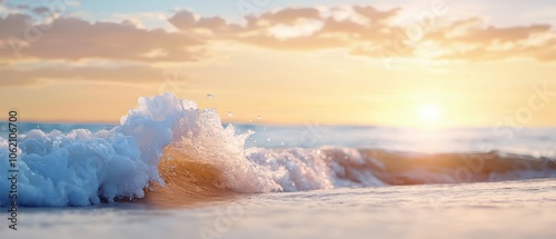  The sun sets over the ocean, waves crash before the shore, sun rays permeate clouds