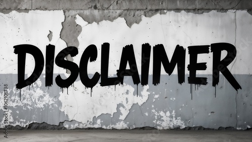 A worn, concrete wall with chipped and faded paint serves as the backdrop for the prominent, graffiti-style message Disclaimer scrawled in bold, black letters with a subtle texture photo