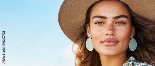  A tight shot of a person donning a hat and a dress, accessorized with oversized round earrings photo