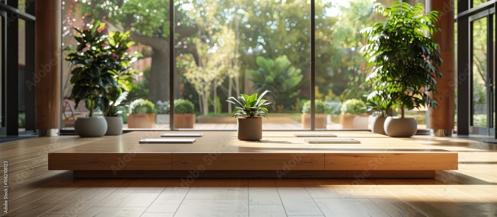 Peaceful and Harmonious Indoor Botanical Oasis with Natural Lighting and Wooden Furnishings A serene and inviting living space featuring lush potted plants natural light Peaceful and Harmonious Indoor Botanical Oasis with Natural Lighting and Wooden Furnishings A serene and inviting living space featuring lush potted plants natural light