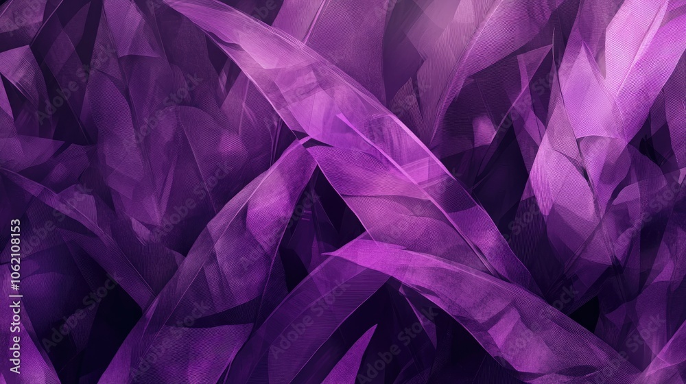Fototapeta premium Abstract purple foliage pattern with tropical leaves and geometric accents, for a stylish design