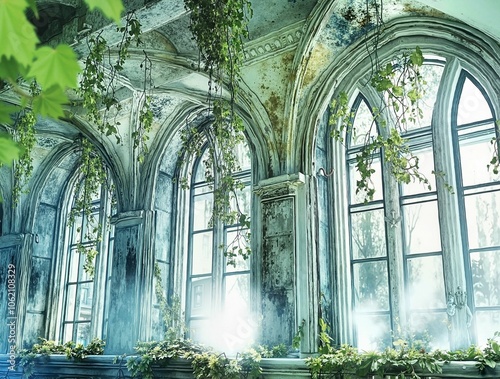 Ethereal Abandoned Ballroom with Arched Windows and Natural Overgrowth photo