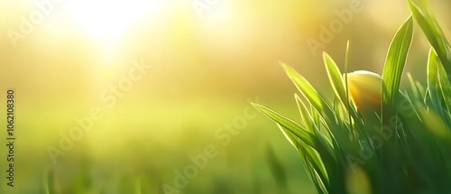  A tight shot of verdant grass with the sun casting light behind, accompanied by eggs in the foreground