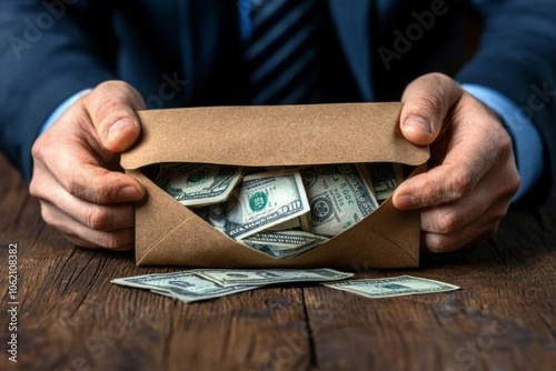 Businessman holding a brown envelope filled with money under a table, capturing the covert and transactional nature of bribes, symbolizing secrecy and corruption