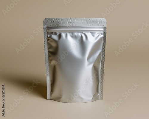 Elegant Silver Stand-Up Pouch Bag on Beige Background - Minimalist Packaging Concept for Luxury Branding and Marketing Collaterals