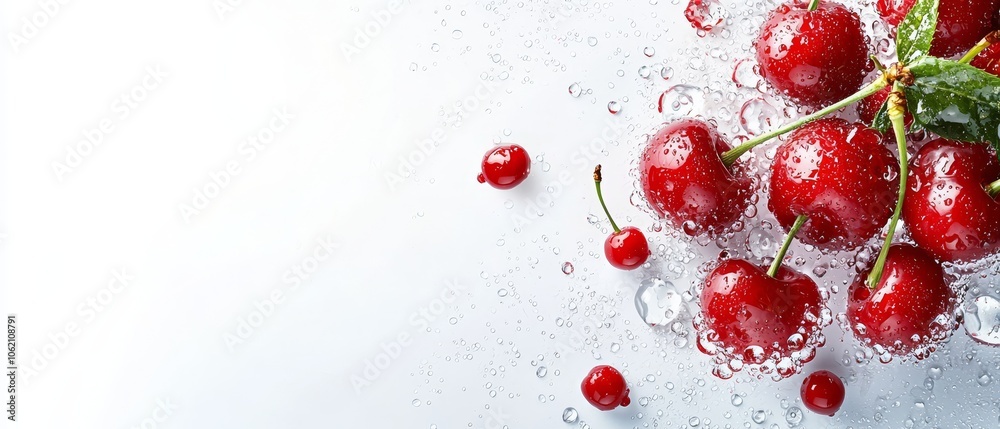 A table holds an array of cherries, and nearby rests a glass of water with a single leaf floating on its surface A table holds an array of cherries, and nearby rests a glass of water with a single leaf floating on its surface