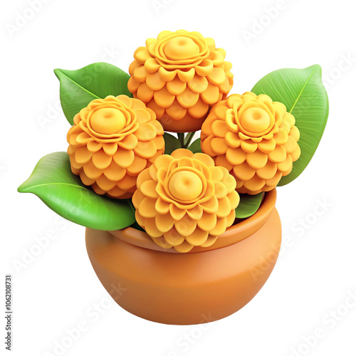  vasant panchami with beautiful yellow marigold flowers. 3d cartoon style illustration