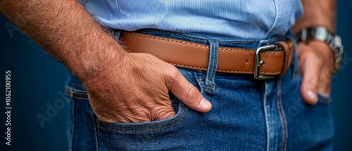  A tight shot of an individual's hands in jean pockets, holding a belt that secures a blue shirt