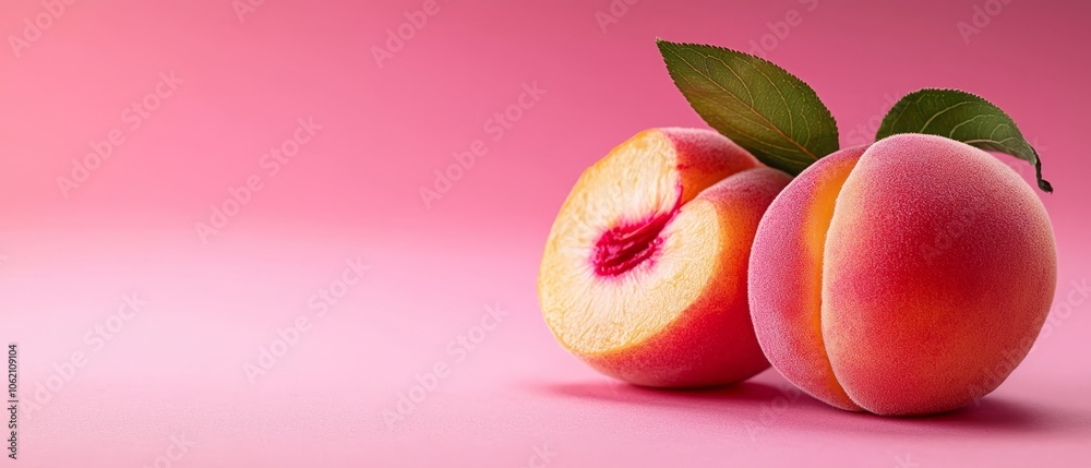 one halved, the other with a leaf, against pink background one halved, the other with a leaf, against pink background