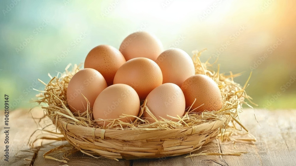 Basket of eggs on straw with a rural, wholesome aesthetic, symbolizing farm-to-table freshness Basket of eggs on straw with a rural, wholesome aesthetic, symbolizing farm-to-table freshness