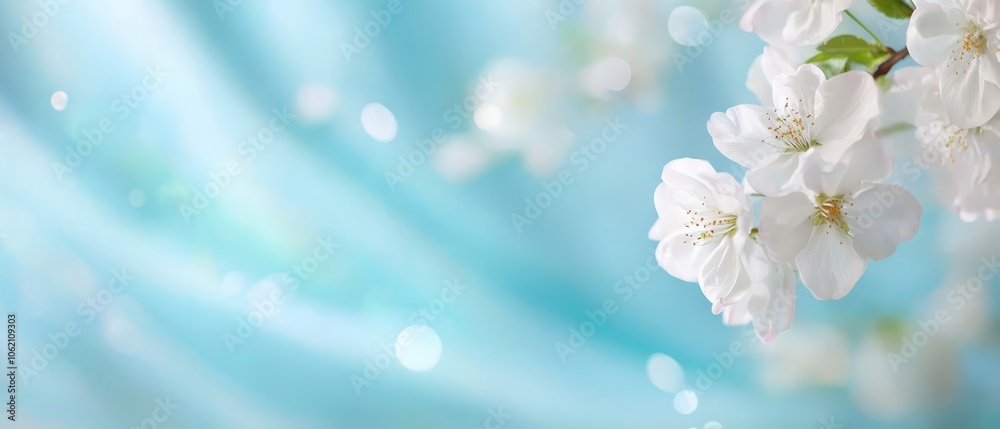 A tight shot of white flowers adorned on a tree branch, surrounded by water-speckled background A tight shot of white flowers adorned on a tree branch, surrounded by water-speckled background