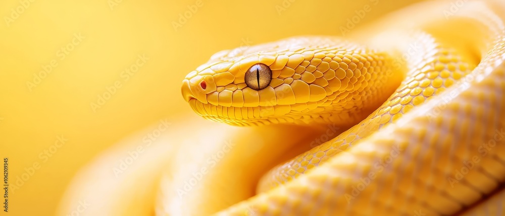  A tight shot of a yellow snake's head against a uniform yellow background, featuring a nearby yellow wall